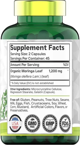 Vista 2 de tnvitamins Cápsulas de polvo de moringa orgánica: 1,200 mg por porción, 90 unidades Suplemento superalimenticio para energía y vitalidad* Hoja