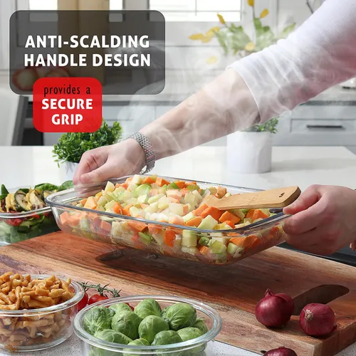 Vista 4 de EATEX Cacerola de vidrio profundo de 8 piezas para horno con tapas de plástico, platos de vidrio para horno, utensilios rectangulares para hornear