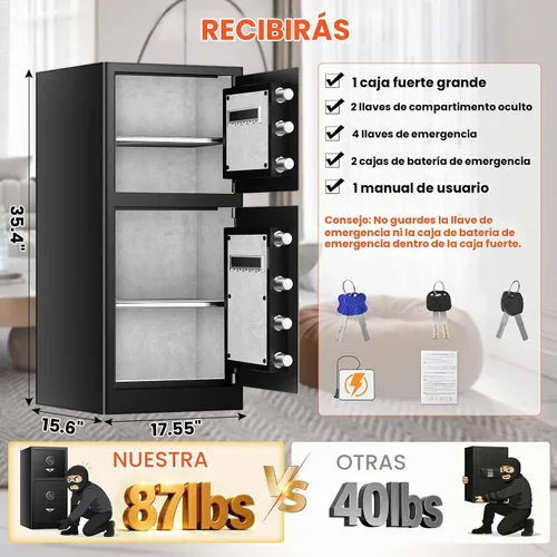 Vista 2 de Caja de seguridad digital resistente con compartimento oculto, resistente al fuego, resistente al agua de 9.5 pies cúbicos, resistente al agua