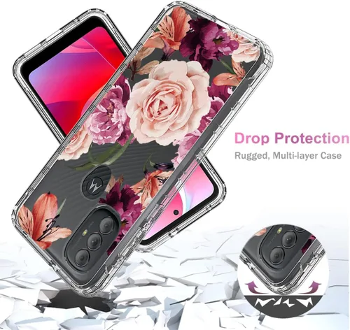 Vista 7 de Funda para Moto G Power 2022, para Motorola G Power 2022 con protector de pantalla de vidrio templado, cubierta de protección floral transparente