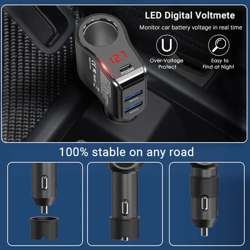 Vista 4 de Adaptador de cargador de coche PD USB C de 200 W: divisor de enchufe de encendedor de cigarrillos de 12 V Enchufe de CC de 12 voltios Toma
