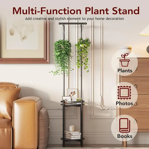 Vista 4 de Homsorout Soporte para plantas para interiores y exteriores, soporte de metal resistente de 2 niveles para plantas colgantes de hierro que ahorra