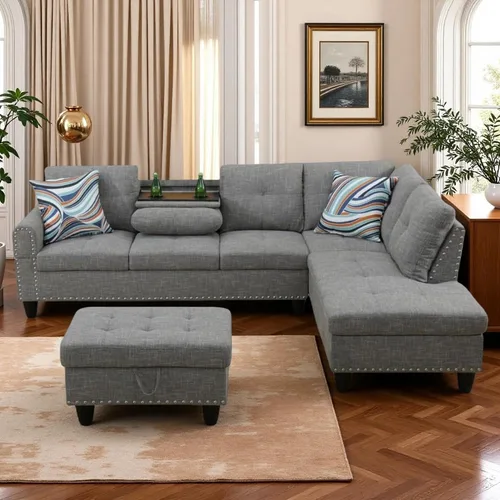 Vista 18 de Sofá modular de cuero en forma de L de 3 piezas – Sofá modular convertible con diván móvil y otomana de almacenamiento, uso multiescenario para sala