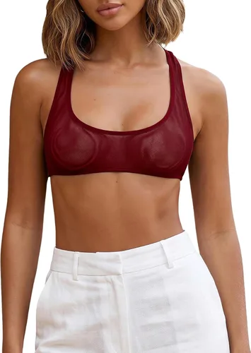 Vista 6 de RoseSeek Brasier deportivo de malla transparente para mujer, sin mangas, con espalda cruzada Negro