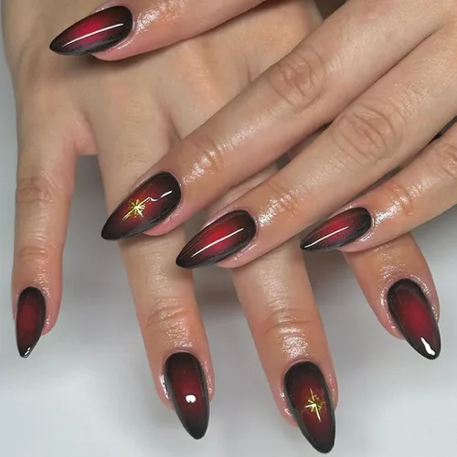 Vista 37 de Uñas postizas largas a presión, color negro, diseño francés y floral, 24