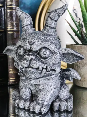 Vista 6 de Ebros - Figura gótica de gárgola de bulldog con cuernos y Agamon, pequeña estatua de decoración de fantasía mítica de 3.75 pulgadas de alto como