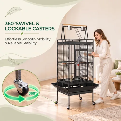 Vista 2 de ZENY Jaula de 68 pulgadas para pájaros con parte superior para jugar, jaula de loro de hierro forjado con soporte móvil, casa resistente
