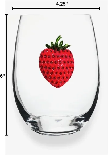 Vista 3 de THE QUEENS' JEWELS Vaso de vino sin tallo con joyas de fresa, 21 onzas, regalo único para mujeres, cumpleaños, lindo, divertido, sin pintar