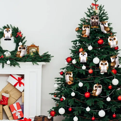 Vista 7 de Sratte Adorno navideño de búho peludo, lindo adorno de animal colgante para árbol de Navidad, fiesta de carnaval (marrón, 12 piezas)
