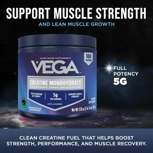 Vista 4 de Vega Monohidrato de creatina micronizada en polvo, sin sabor, 0.18 oz de creatina vegana pura para hombres y mujeres, fuerza, rendimiento