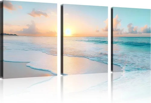 Vista 15 de TutuBeer 3 paneles de fotos de playa, arte de pared, diseño de mar azul, playa blanca al amanecer, imágenes impresas en lienzo, imágenes del océano