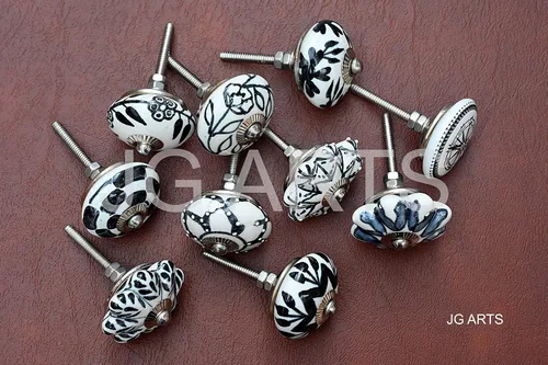 Vista 3 de JGARTS Juego de 20 tiradores de cerámica pintados a mano en blanco y negro vintage de calabaza y pomos redondos para cajones (20)