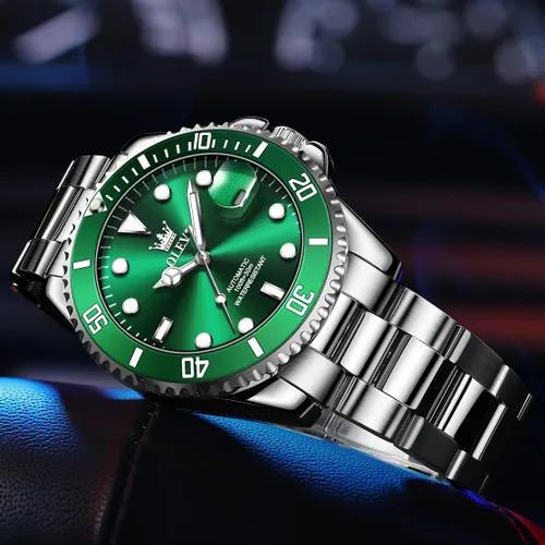 Vista 8 de Reloj automático de viento automático para hombre, reloj de lujo de acero inoxidable con fecha, reloj clásico impermeable con bisel giratorio
