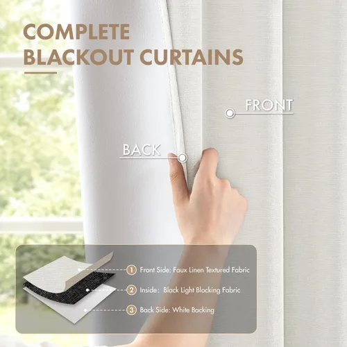 Vista 4 de MIULEE Linen Textured 100% Blackout Curtains Drapes White Backing 96" Long Birch