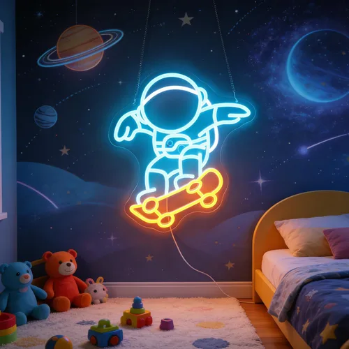 Vista 3 de Astronaut Skateboarding" Space Adventure Light - Arte de pared LED genial y que desafía la gravedad para sala de juegos, dormitorio, decoración