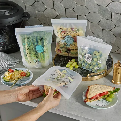 Vista 3 de Pyrex Juego de almacenamiento de silicona platino de 4 piezas, 2 bolsas de sándwich reutilizables, 2 bolsas reutilizables de medio galón,