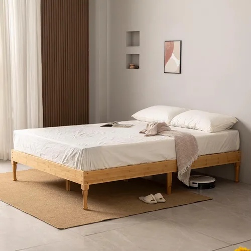 Vista 3 de Marco de cama de madera de bambú de 14 pulgadas, soporte de listones de madera, no necesita somier, fácil montaje, naturaleza, tamaño Queen