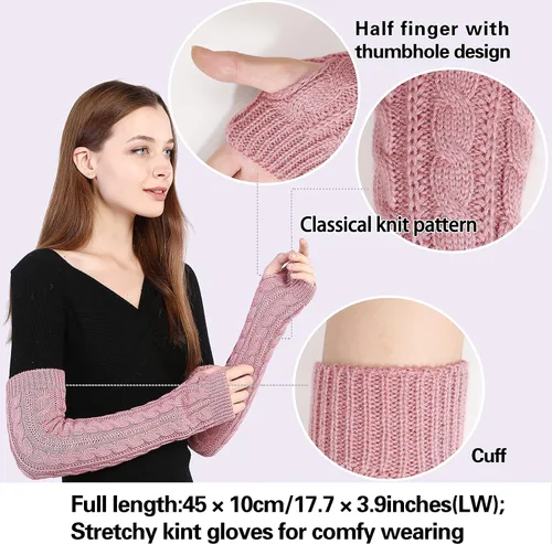 Vista 11 de Bellady Guantes de invierno para mujer, cálidos sobre el codo, guantes largos sin dedos con agujero para el pulgar, guantes de punto para calentar