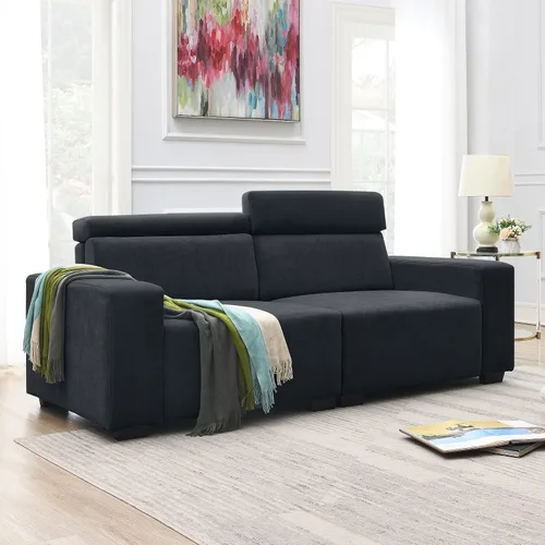 Vista 12 de Quarte Sofá modular moderno de 4 plazas con bolsillos para reposabrazos y 4 almohadas, sofá minimalista de tela de lino para sala de estar Gris
