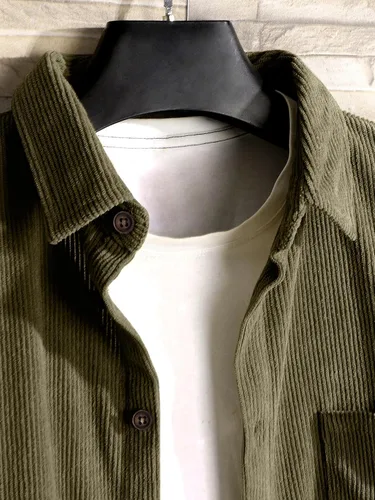 Vista 4 de Comdecevis Camisa de pana para hombre, manga larga, acanalada, con botones y bolsillo en el pecho