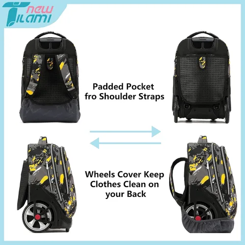 Vista 44 de NEW TILAMI Mochila con ruedas de 19 pulgadas con bolsa de almuerzo para niñas y niños, mochila para laptop con ruedas, bolsa de mano duradera