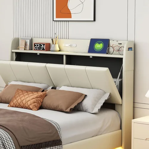 Vista 3 de Base de cama flotante de tamaño Queen, con luces LED de ambiente y carga USB, base de cama LED moderna tapizada de poliuretano con plataforma LED