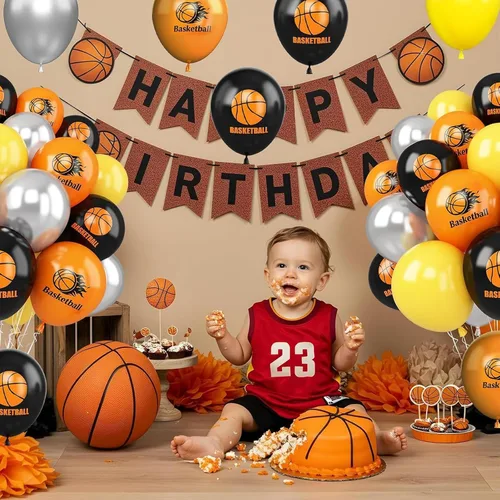 Vista 5 de Globos de baloncesto, 30 globos de látex impresos de 12 pulgadas, naranja, negro, plateado metálico y baloncesto para fiestas temáticas deportivas