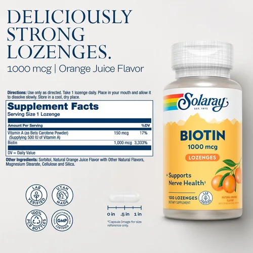 Vista 2 de SOLARAY Pastillas Biotin de 1000 mcg - Suplemento de biotina con vitamina A - Función nerviosa y apoyo de energía celular - Sabor natural de jugo