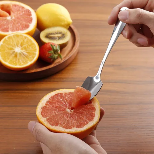 Vista 5 de Cucharas de pomelo y cuchillo de toronja, juego de 7 cucharas de postre de acero inoxidable de grado alimenticio, cuchillo de fruta con acabado