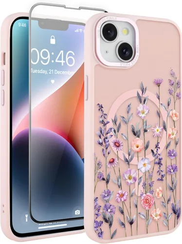 Vista 134 de Magnético para iPhone 13 con protector de pantalla [Compatible con MagSafe] Diseño de patrón floral de flores bonitas, funda delgada a prueba