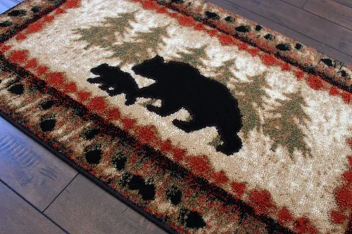 Vista 6 de Masada Masada Rugs 2'x3' Alfombra temática de cabina/cabaña con escena de oso y cachorro