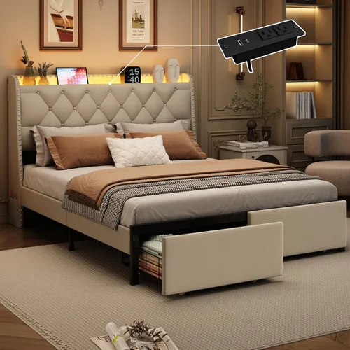 Vista 13 de Marco de cama completa con 4 cajones y cabecera de almacenamiento, marco de cama de plataforma tapizada tamaño completo con luces LED y práctica