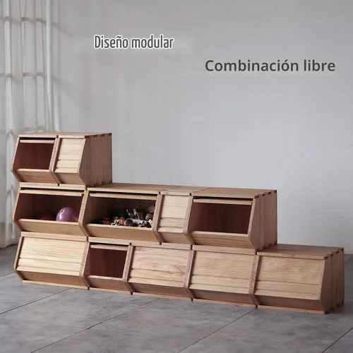 Vista 2 de Cofre de Almacenamiento Apilable de Madera Maciza, Gabinete de Entrada del Vestíbulo, Contenedores con Tapas, Caja Modular de Madera Multiusos