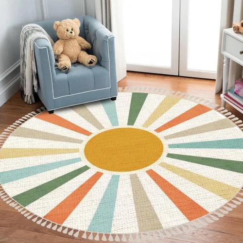 Vista 7 de Alfombra redonda bohemia para niños, dibujada a mano sin costuras con arco iris rosa pastel, alfombra de verano para bebé, alfombra de lino, Multi3