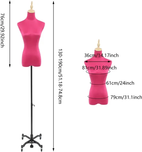 Vista 4 de Torso de maniquí de forma de vestido femenino, modelo de cuerpo ajustable de 51 a 75 pulgadas, modelo de exhibición de ropa con ruedas de 360°