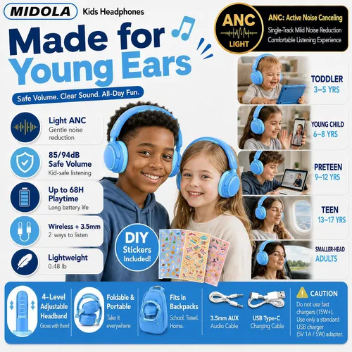 Vista 6 de MIDOLA Auriculares para Niños con Cancelación Activa de Ruido Bluetooth 5.4 Inalámbricos con Volumen Limitado 85/94dB, Carga Rápida Tipo C, Sobre