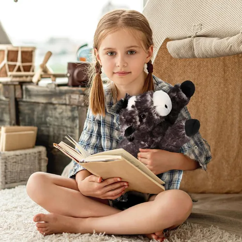 Vista 7 de DolliBu - Caballo de peluche negro suave y abrazable, adorable juguete de juego para niños y niñas, lindo regalo de animales de granja para niños