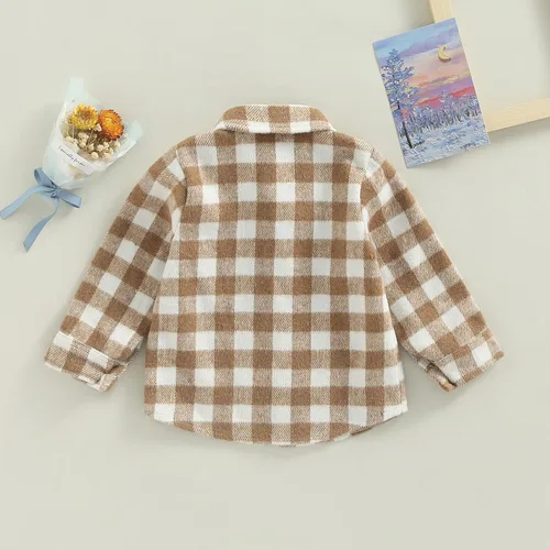 Vista 4 de AEEMCEM Chaqueta de franela a cuadros para bebés, niños y niñas, de manga larga, con solapa, con botones, con bolsillos, chaqueta tipo cárdigan