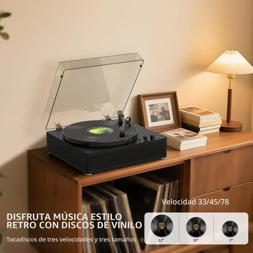 Vista 4 de Reproductor de discos de vinilo con altavoces estéreo, tocadiscos de tamaño completo para discos de vinilo, entrada y salida Bluetooth, reproductor