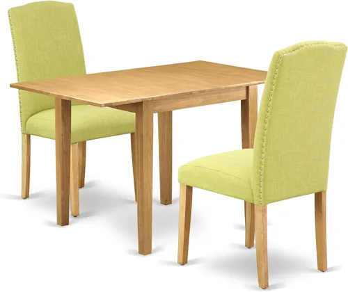Vista 16 de East West Furniture 1NDEN3-LWH-06 - Juego de mesa de comedor de 3 piezas que contiene una mesa rectangular con gotas y 2 sillas tapizadas de tela