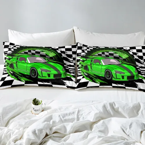 Vista 4 de Erosebridal Juego de ropa de cama de coche deportivo verde para niños, tamaño individual, funda de edredón de autos de carreras para niños