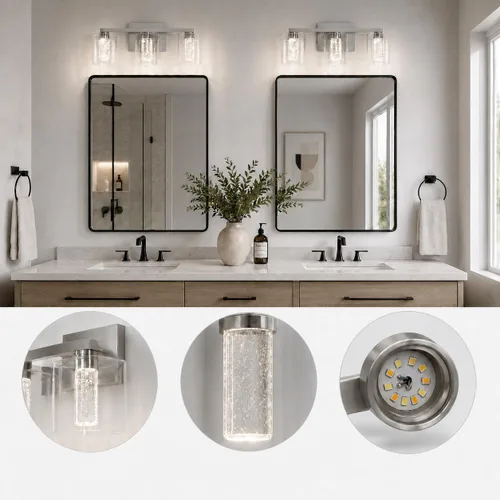 Vista 5 de Lámparas de tocador de baño sobre espejo, revestimiento de acabado dorado cepillado, luces de tocador, apliques de pared para baño Bathroom Light