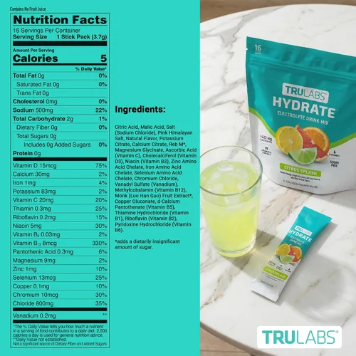 Vista 7 de TRULABS Hydrate - Mezcla de bebida con electrolitos – Sabor cítrico Splash, paquetes de hidratación sin azúcar con electrolitos de 1422 mg y 19