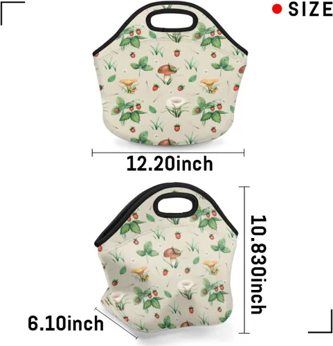 Vista 7 de Bolsa de almuerzo con aislamiento de hongos y fresas, bolsa de almuerzo reutilizable para hombres y adultos, lonchera de neopreno para trabajo