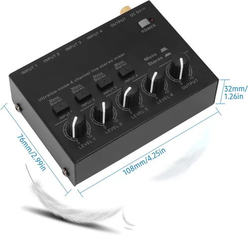 Vista 2 de Mezclador estéreo de línea de 4 canales de ruido ultra bajo 4 entradas 1 salida DC 5V mini mezclador de audio portátil micrófono guitarra bajo