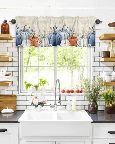 Vista 37 de Cortinas de cocina de Navidad, cenefa semitransparente ajustable con lazo, muñeco de nieve, copo de nieve, bolsillo para barra, tratamiento