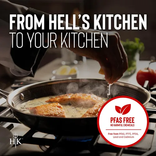 Vista 6 de Hell's Kitchen Sartén Híbrida de 8", Acero Inoxidable Tri-Clad y Cerámica Antiadherente Libre de PFAS, sin PFOA, sin PTFE, sin Teflón, Batería