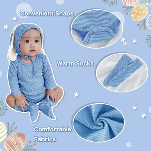 Vista 2 de Xifamniy Traje de conejo de Pascua para bebé, mameluco con orejas de conejo 3D para bebé recién nacido, Azul