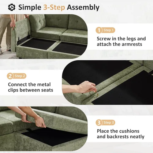 Vista 7 de VANOMi Sofá modular modular para sala de estar, sofás y sofás de felpilla de 4 plazas con 2 otomanas de 118 pulgadas para sala de estar, dormitorio
