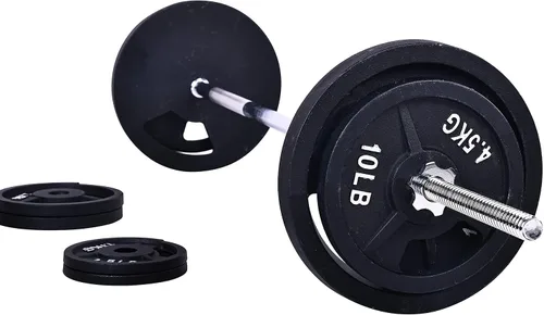 Vista 2 de Fitvids Placas de peso estándar de hierro fundido que incluyen barra estándar de 5 pies con cerraduras de estrella, juego de 95 libras